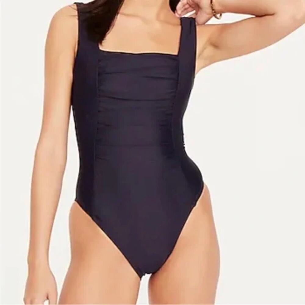 NWT J. Crew Black Ruched Square Neck One-Piece Swim Bathing Suit Women's Size 24